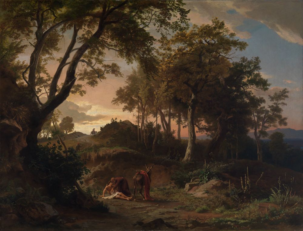 Ein verletzter Mann liegt am Boden, während der Samariter, der ihm hilft, näherkommt. Die Umgebung ist eine einfache, naturbelassene Landschaft.