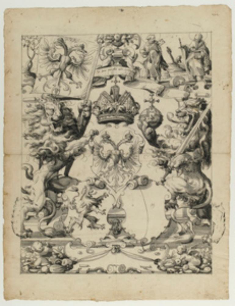 Christoph Murer (zugeschrieben) - Riss mit zwei Löwen als Schildhaltern und nicht identifiziertem Wappen, im Oberbild Petrus und Paulus