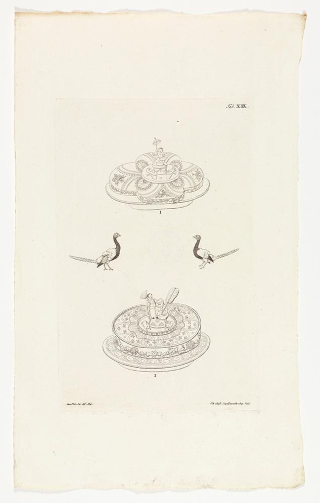 Johann Christian Leopold - Tischdekoration: Zwei haubenartige Aufsätze mit Figuren und zwei Vögel
