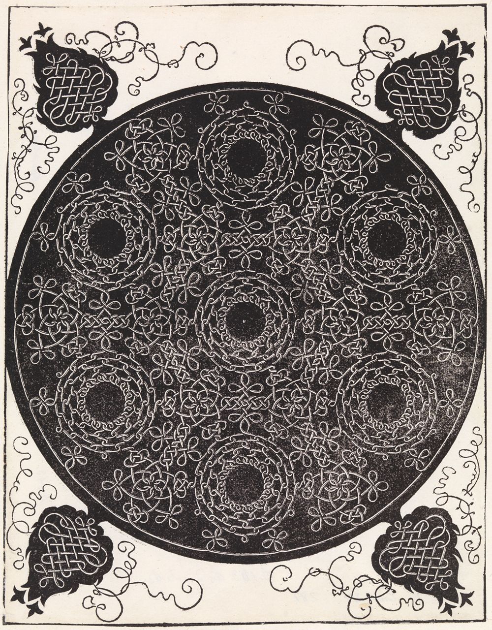 Albrecht Dürer - Knoten mit sieben ringförmigen Geflechten, schwarzer Mittelscheibe und vier herzförmigen Eckstücken