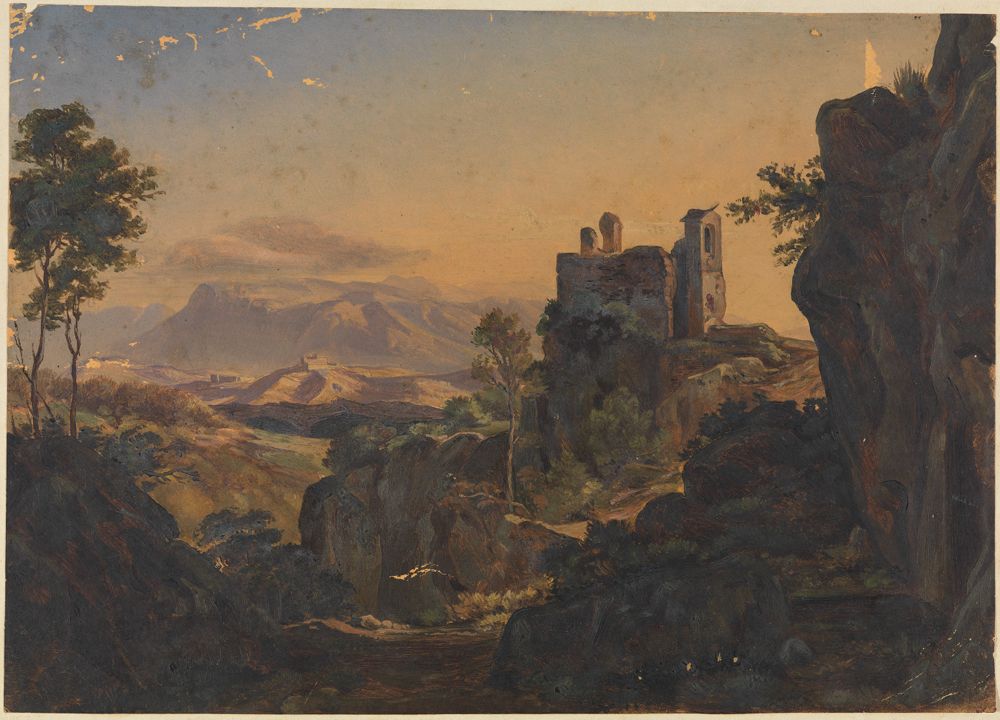 Ernst Fries - Die Burgruine von Olevano mit Blick auf die Sabiner Berge
