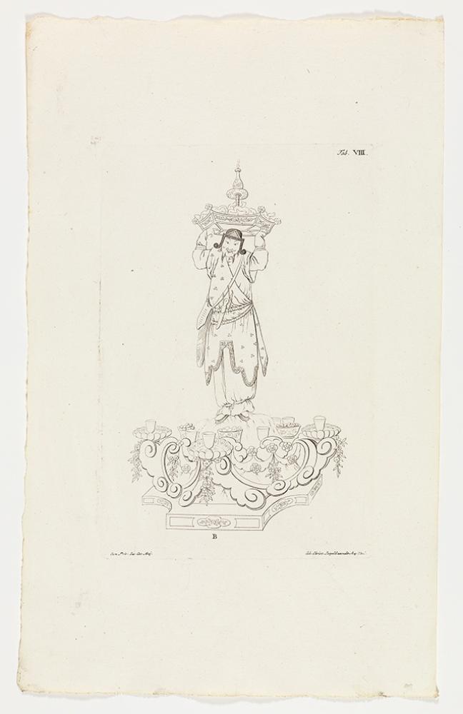 Johann Christian Leopold - Männliche chinesische Figur auf Postament, mit erhobenen Armen eine Schale auf dem Kopf tragend