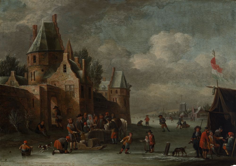 Pieter van Maes - Winterlandschaft mit Schlittschuhläufern vor den Mauern einer Stadt