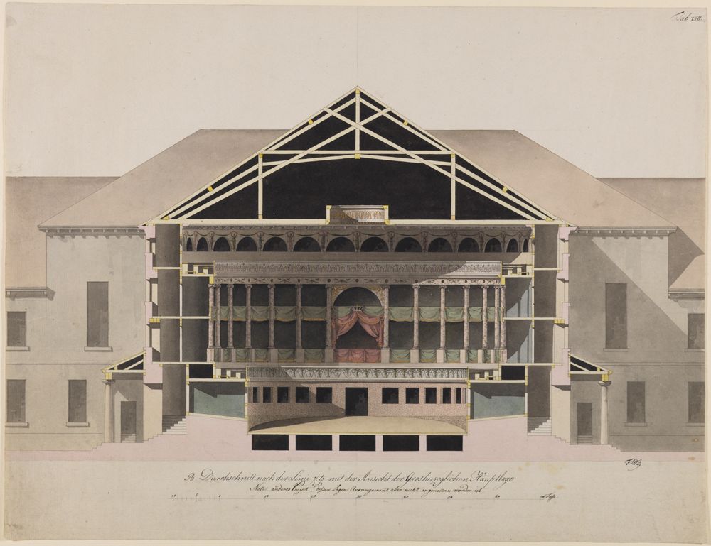 Friedrich Weinbrenner - Karlsruher Hoftheater, Querschnitt mit Ansicht der Auditoriums