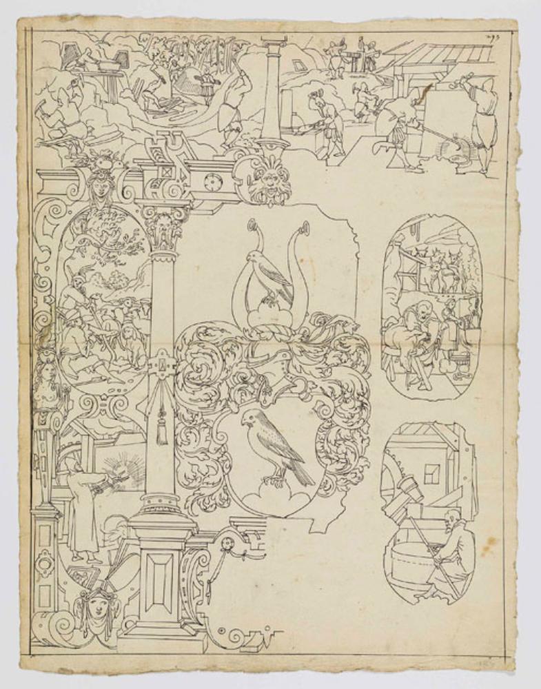 Bartholomäus Lingg (zugeschrieben) - Riss mit Wappen Goll (?), eingerahmt von Szenen aus dem Bergbau und der Metallverarbeitung sowie aus der Viehwirtschaft und dem Metzgergewerbe