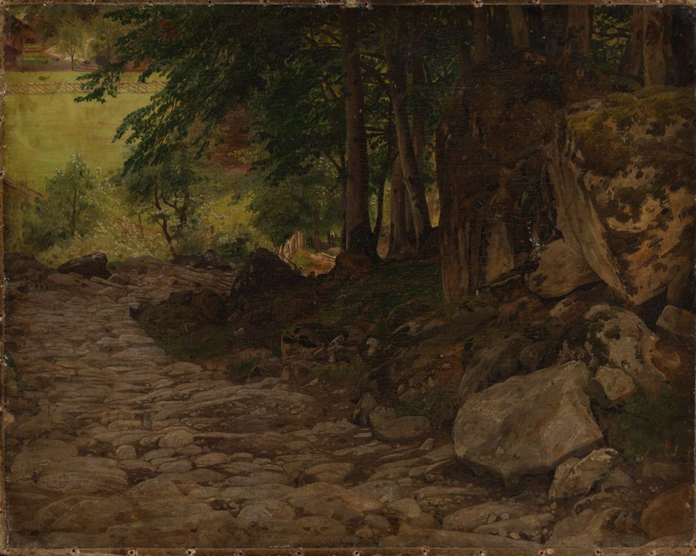 <p>Das Ölbild von Johann Wilhelm Schirmer zeigt einen schmalen Weg, der durch eine felsige, bergige Landschaft führt. Hohe, steile Felsen ragen beiderseits des Weges auf.</p><p></p><p></p>