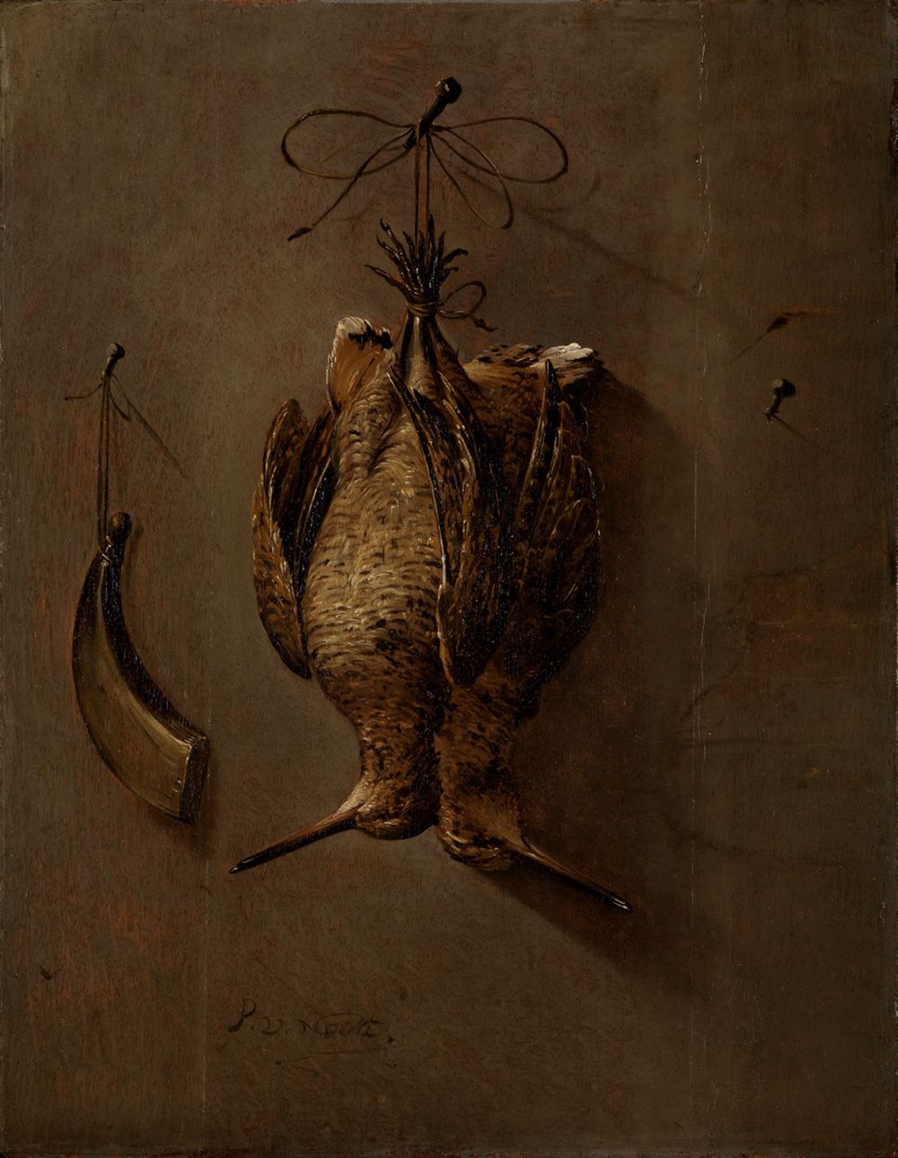 Pieter van Noort - Stillleben mit zwei aufgehängten Schnepfen und einem Pulverhorn