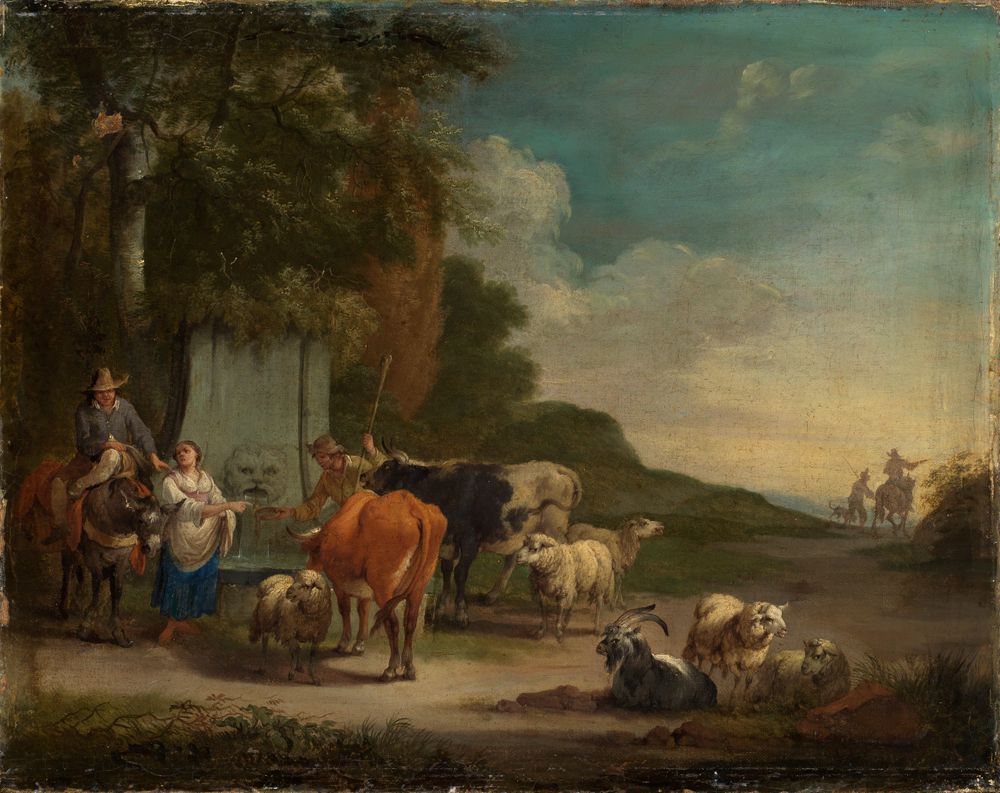 Peeter Bout - Landschaft mit Hirten und Herde am Brunnen