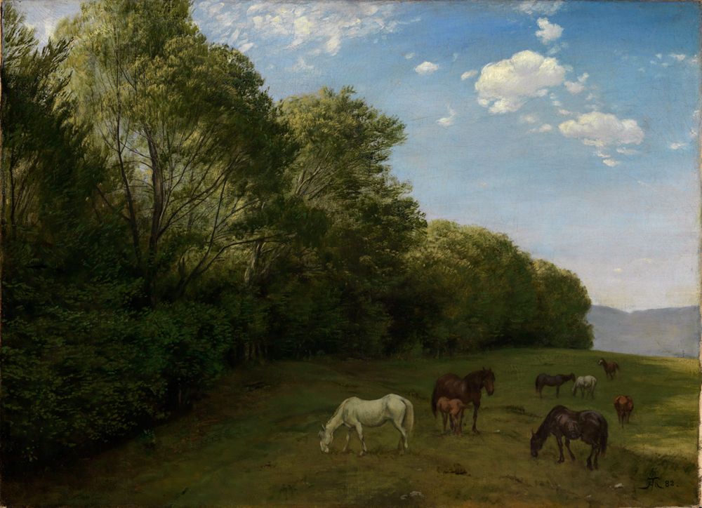 Grasende Pferde sind auf dem Bild von Hans Thoma abgebildet. Sie bewegen sich gemächlich über die Wiese.