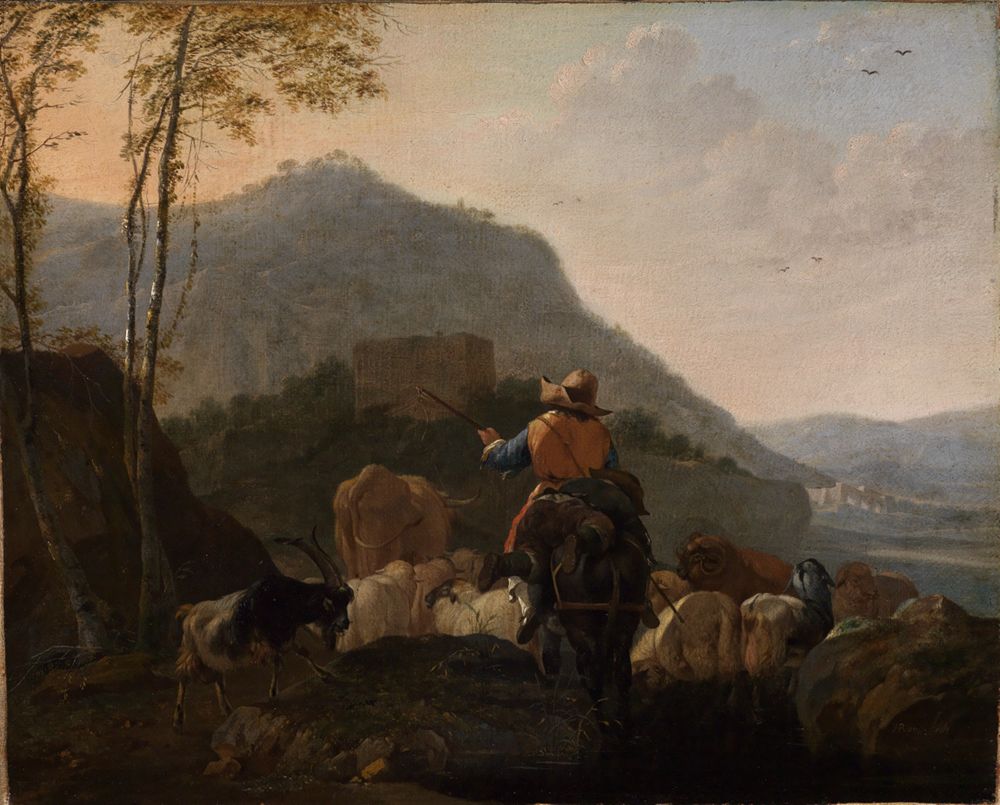 Joh. Heinrich Roos - Ausziehende Hirten mit ihrer Herde in südlicher Berglandschaft