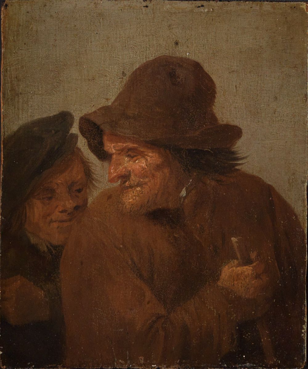 <p>Zwei Bauern sitzen zusammen in einem Raum. Sie trinken aus Krügen und reden miteinander. Auf dem Tisch liegt Brot und ein Messer. Die Kleidung der Männer ist einfach und schmutzig.</p><p></p><p></p>