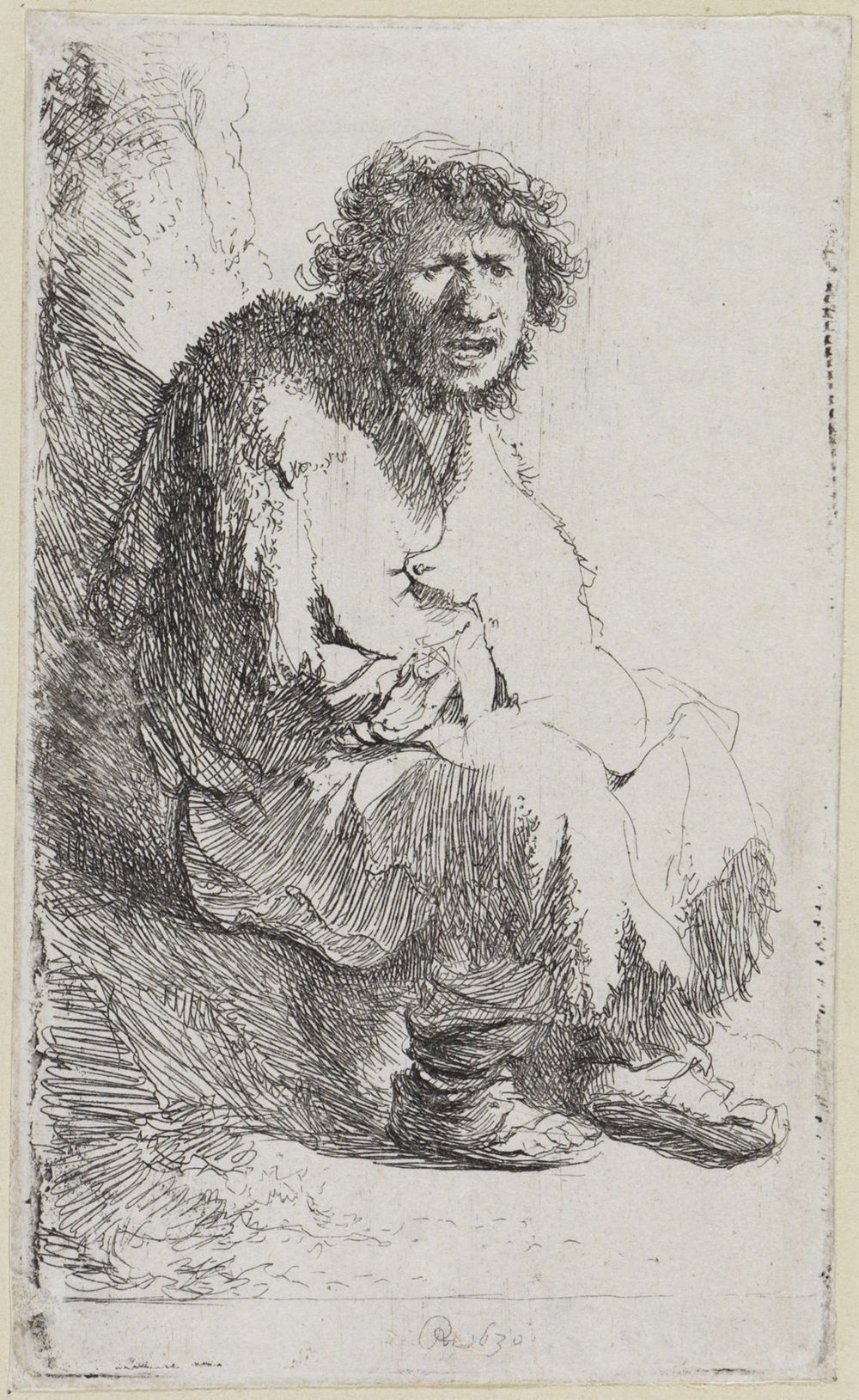 Rembrandt - Auf einem Erdhügel sitzender Bettler