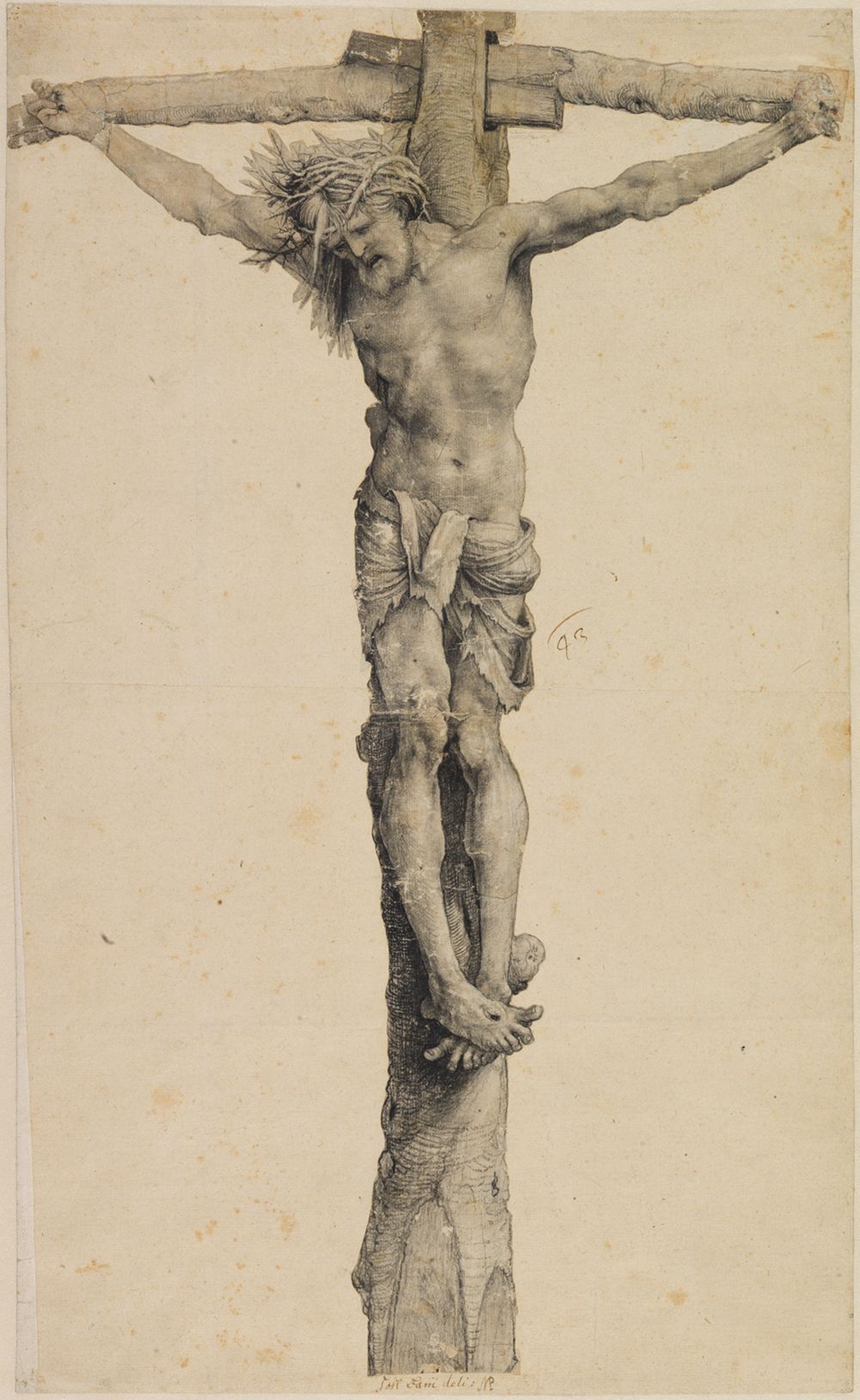 Matthias Grünewald zeigt Jesus, der am Kreuz hängt. Sein Körper ist verwundet, und er sieht leidend und erschöpft aus.
