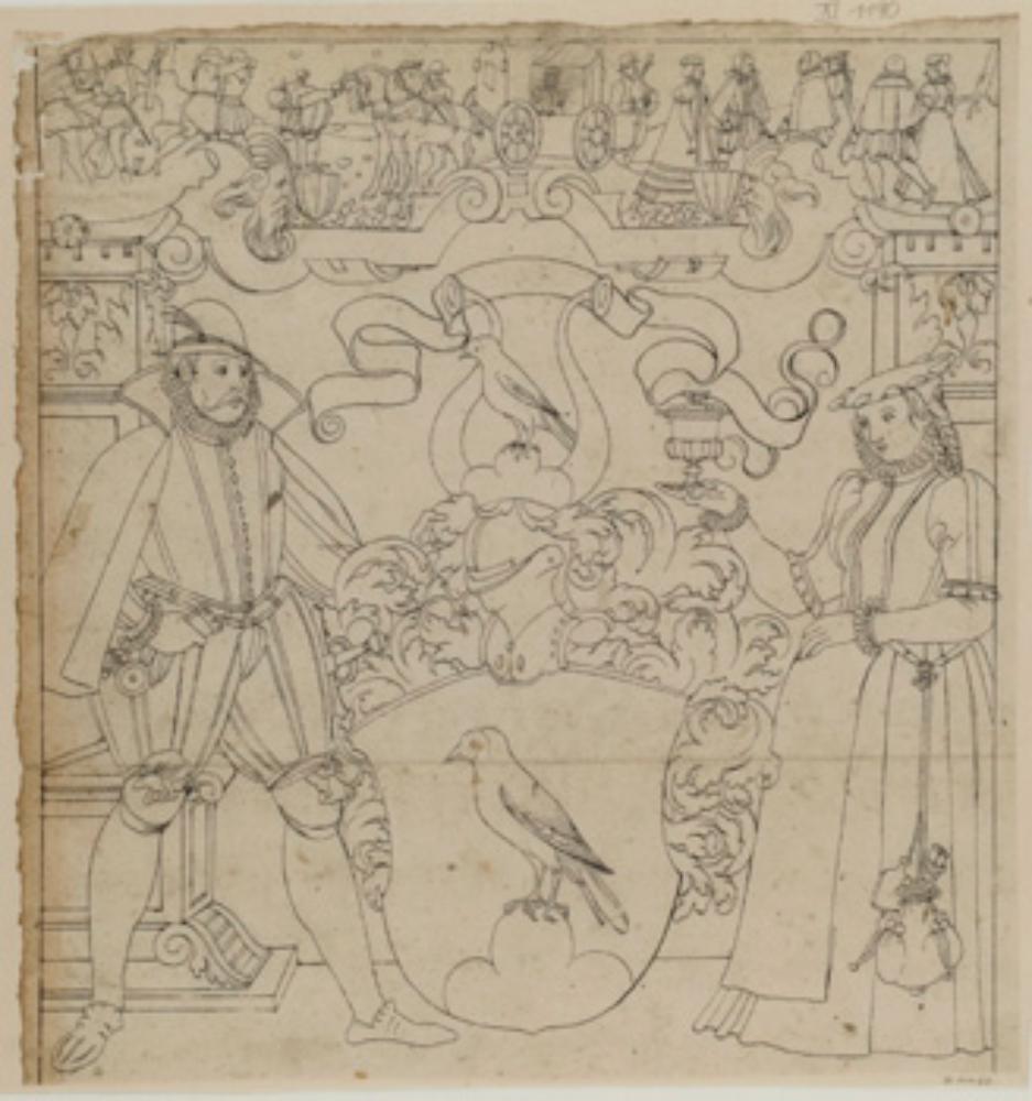 Bartholomäus Lingg (zugeschrieben) - Riss mit Schildbegleiterpaar und Wappen Goll (?), im Oberbild Tanz- und Wettkampfszenen