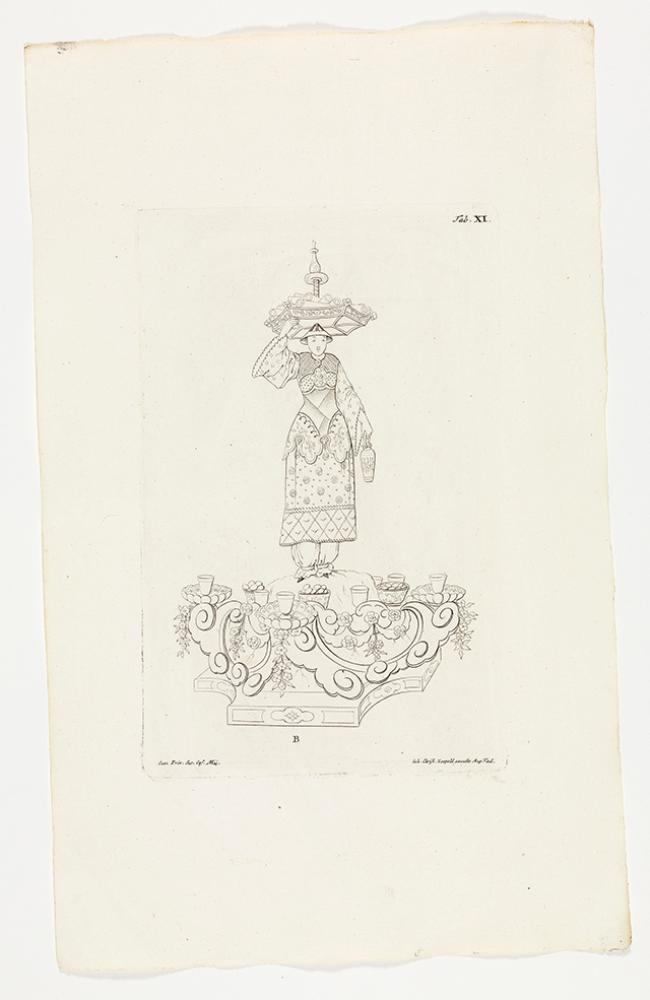 Johann Christian Leopold - Weibliche chinesische Figur auf Postament, mit dem rechten erhobenen Arm eine Schale auf dem Kopf balancierend
