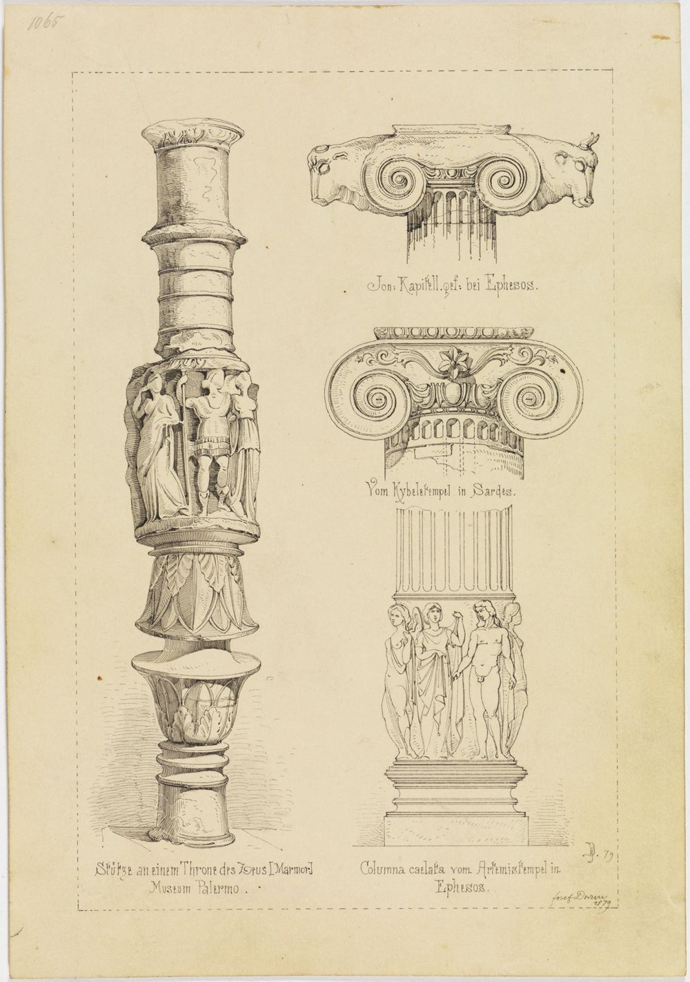 Josef Wilhelm Durm - ionische Kapitelle und Stützen vom Zeusthron (Museum Palermo) und Säulen Artemistempel in Ephesos