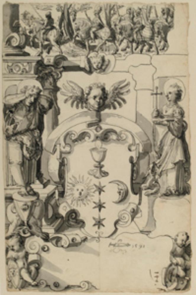 Niklaus von Riedt (zugeschrieben) - Riss mit nicht identifiziertem Wappen, flankiert von der Hl. Margarta und nicht identifiziertem Heiligen, im Oberbild berittene Krieger