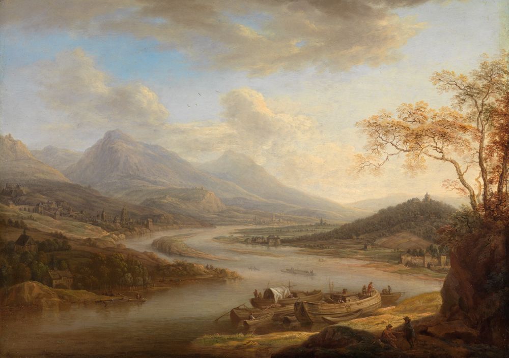 Christian Georg Schüz (1758) - Rheinlandschaft mit Fischerbooten am vorderen Ufer