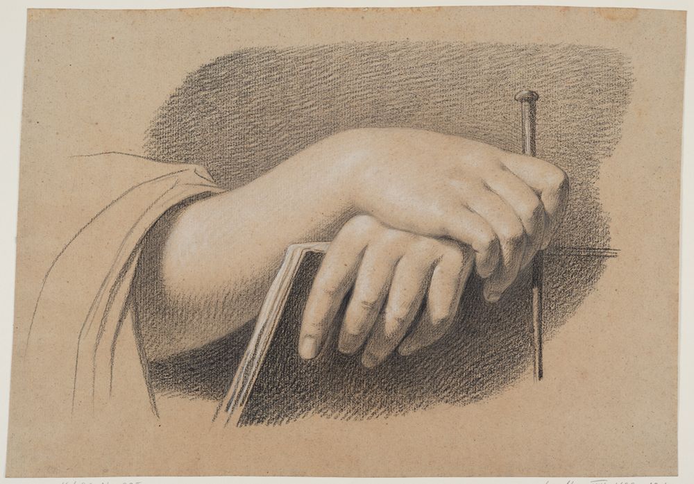 Philipp Jakob Becker - Die Hände eines Zeichners mit Stift, über dem Zeichenheft verschränkt