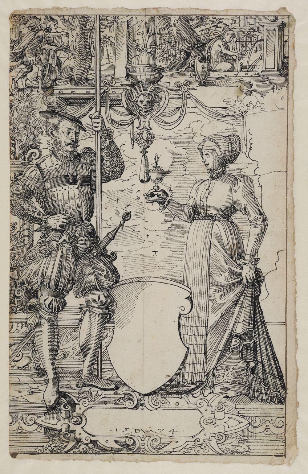 Daniel Lindtmayer (1552) - Riss mit Schildbegleiterpaar und leerem Wappenschild, im Oberbild Susanna und die Alten