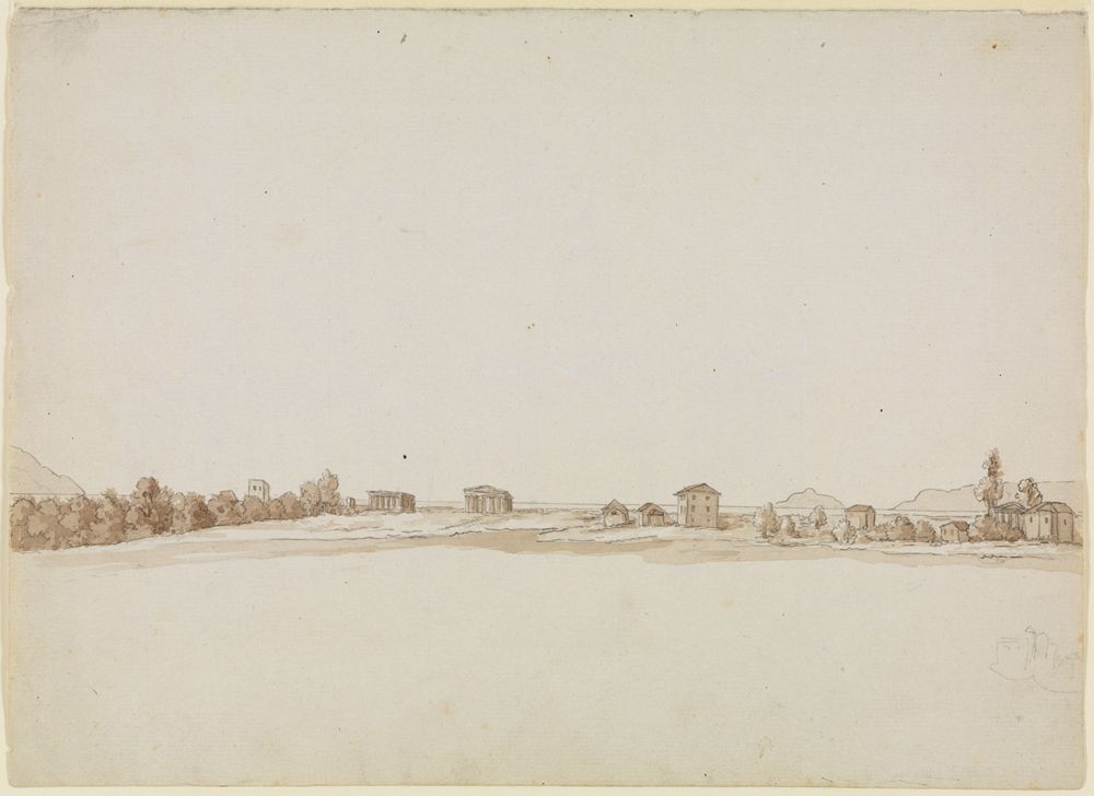 Friedrich Weinbrenner - Blick auf Paestum mit seinen Tempelbauten (verso: Der Athena-Tempel)