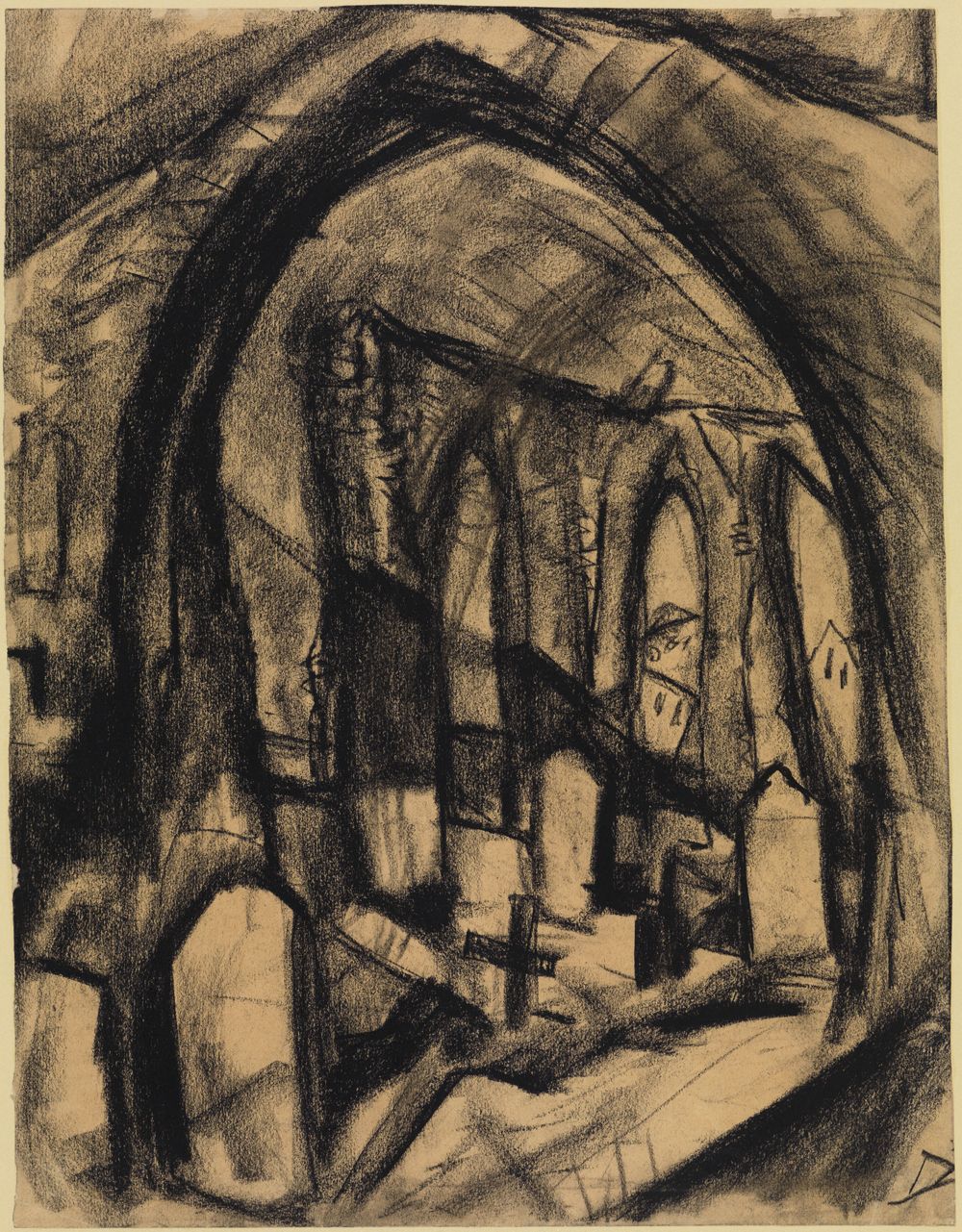 Otto Dix zeigt eine zerstörte Landschaft mit vielen Gräbern. Im Hintergrund steht eine zerstörte Kirchenruine.