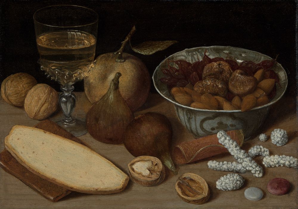 Georg Flegel (1566) - Stillleben mit chinesischer Schale und Weinglas, Nüssen, Feigen, Zuckerwerk und Brot