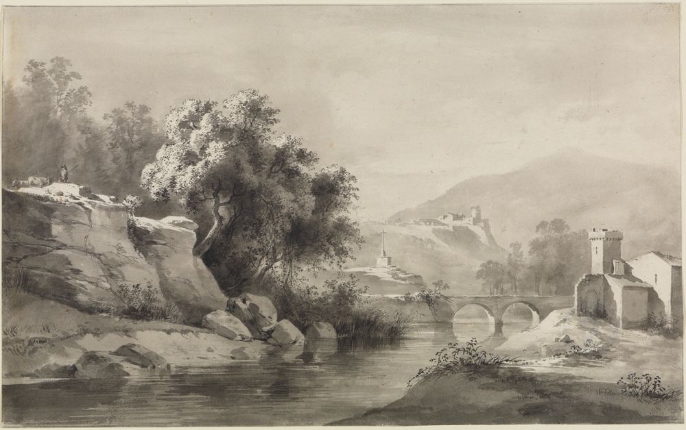 Jean Jacques de Boissieu - Flusslandschaft mit Doppelbogenbrücke und Kreuz