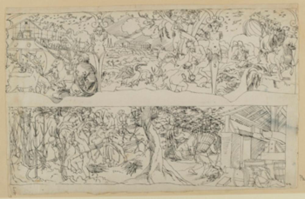 Bartholomäus Lingg (Werkstatt) - Zwei Entwürfe für Oberbilder: Sintflut/Arche Noah, Weinbau