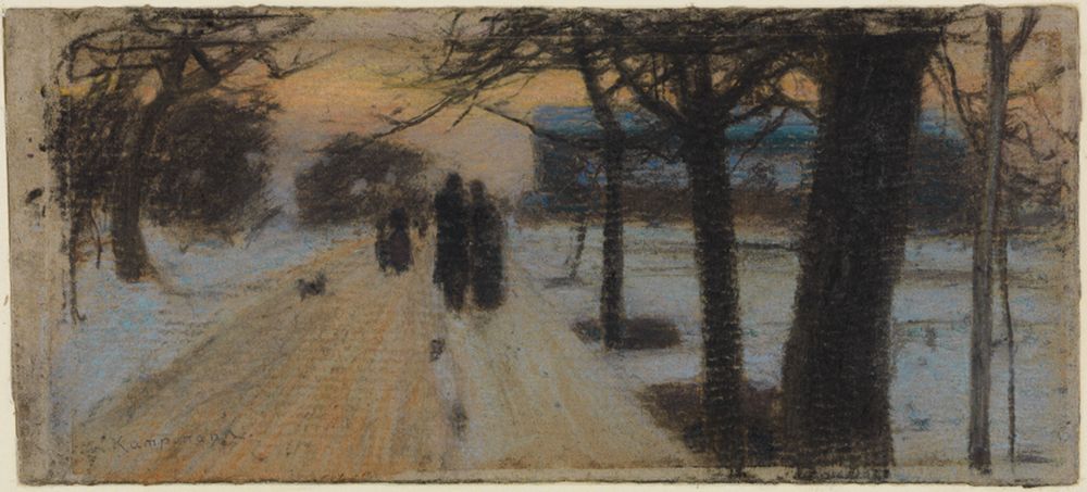 Gustav Kampmann - Spaziergänger auf schneebedeckter Strasse am Abend