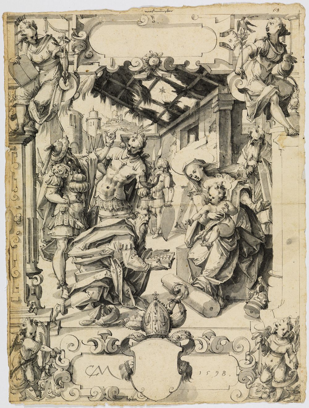 Christoph Murer - Riss mit Anbetung der Könige, darunter leerer Schild eines Abtswappens, in den o. Eckbildern Fides und Pax