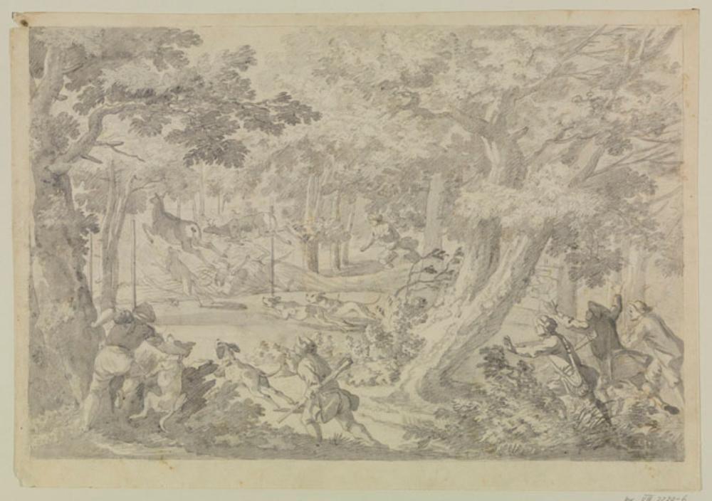 Johann Elias Ridinger - Jagd auf Rotwild, im Vordergrund Jäger und Hunde