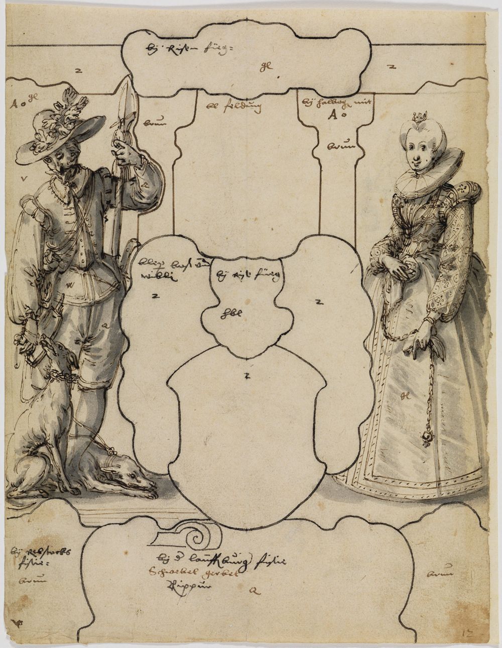Friedrich Brentel - Riss mit Jäger und Dame in höfischer Tracht