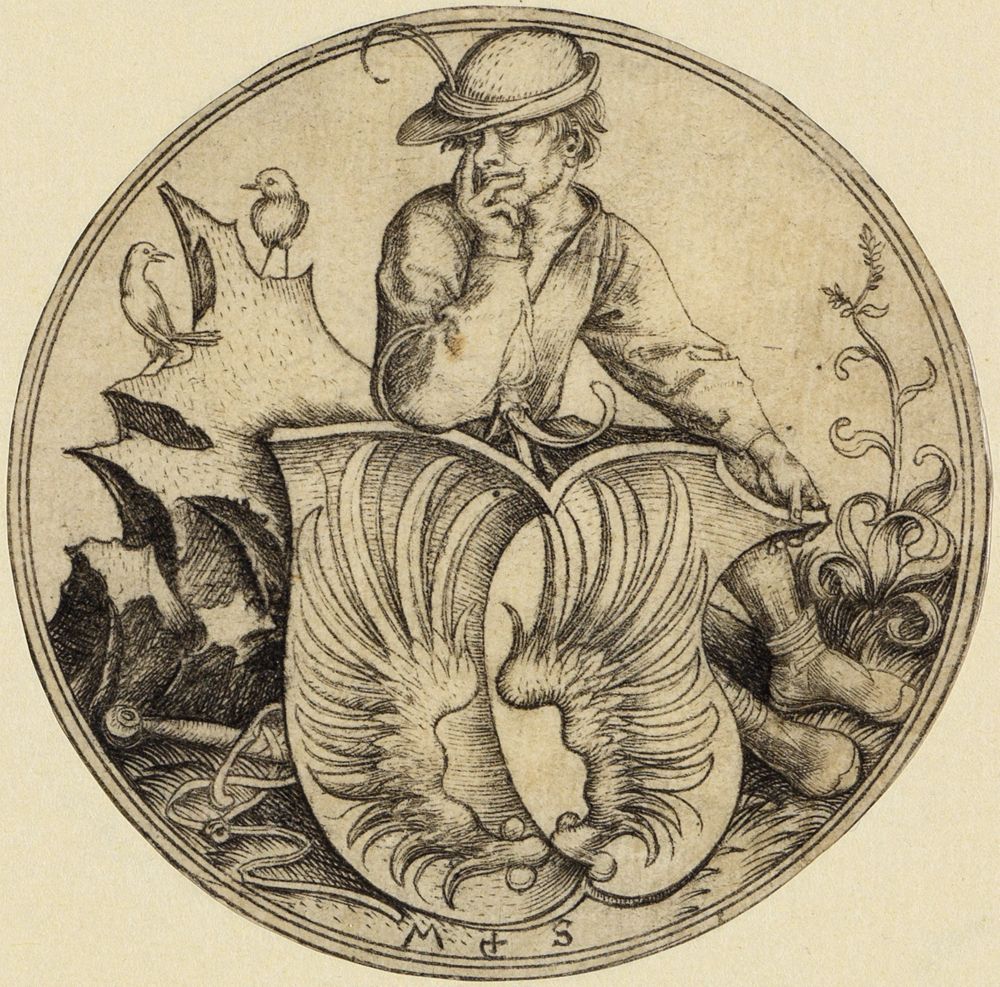 Martin Schongauer - Sitzender Bauer mit Wappen