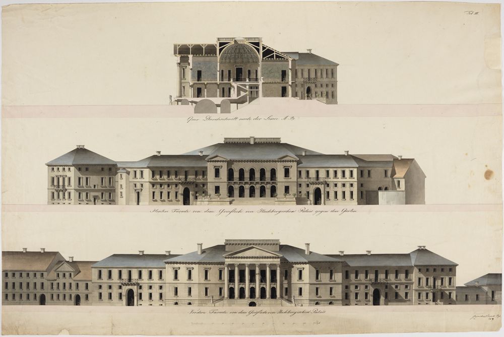 L. Heiss - Plan zum Gräflich Hochbergischen (Markgräflichen) Palais: Schnitt, Gartenfront, Fassade