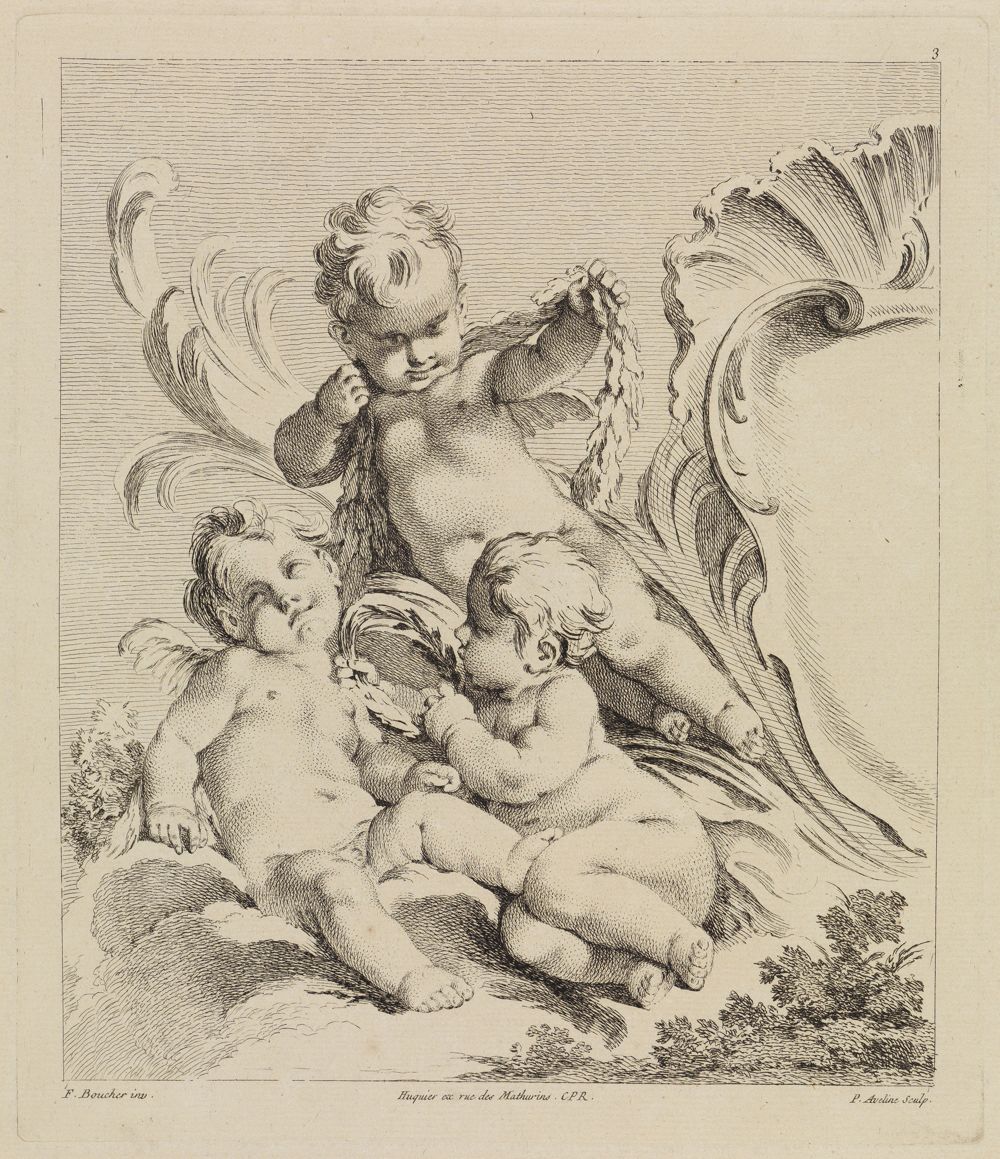 Pierre-Alexandre Aveline - Drei Putten neben einer Kartusche