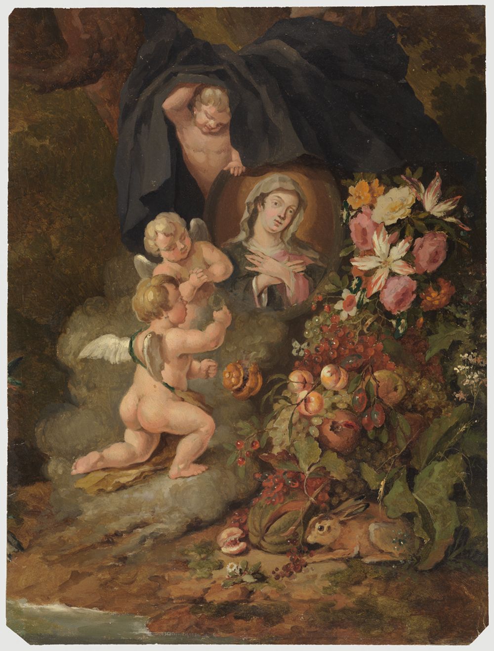 Charles William Hamilton - Madonnenbild bei einem Blumen- und Fruchtstilleben, von Engelchen verehrt