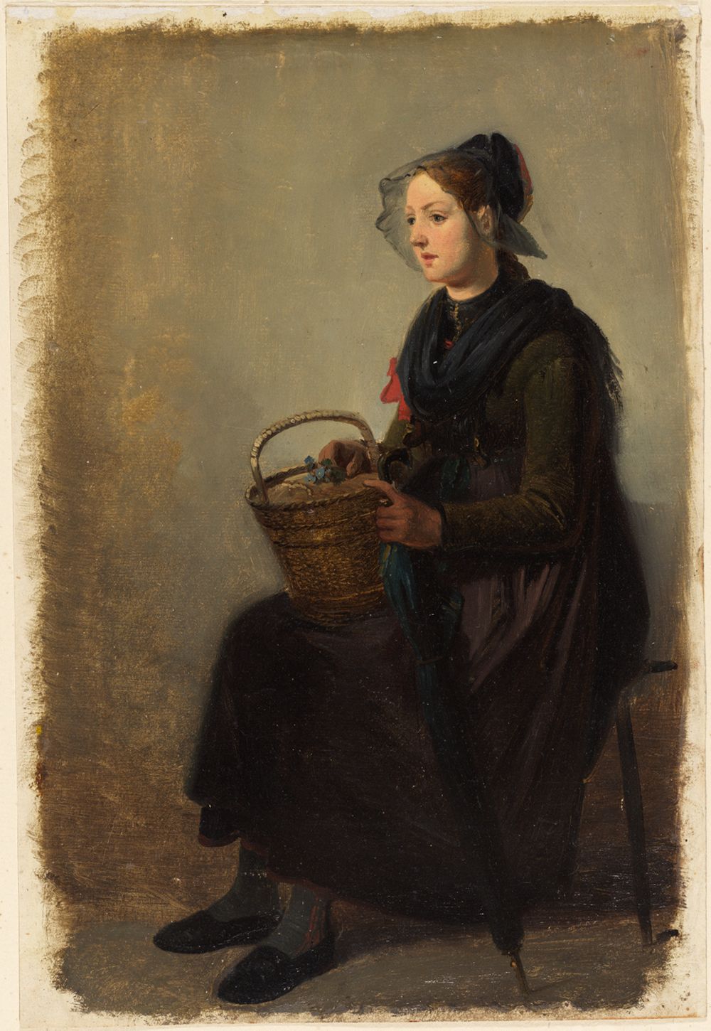 Johann Baptist Kirner - Junges Mädchen in Kinzigtäler Tracht mit Henkelkorb und Regenschirm