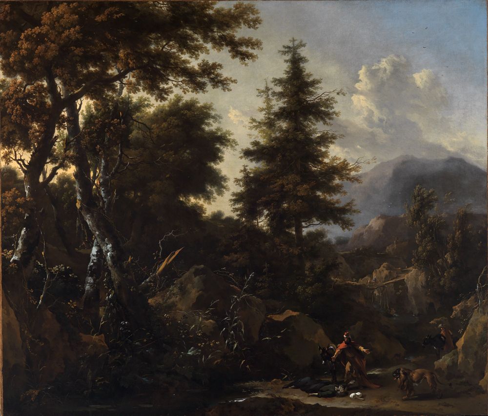 Nicolaes Berchem - Schlucht im Bergwald mit alttestamentlicher Staffage