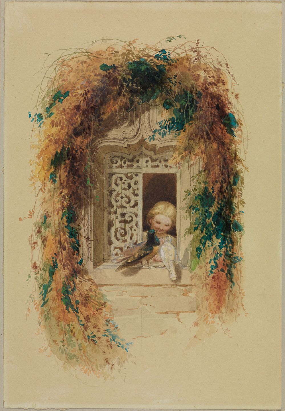 Adolf Schrödter - Mädchen mit drei Tauben am Fenster