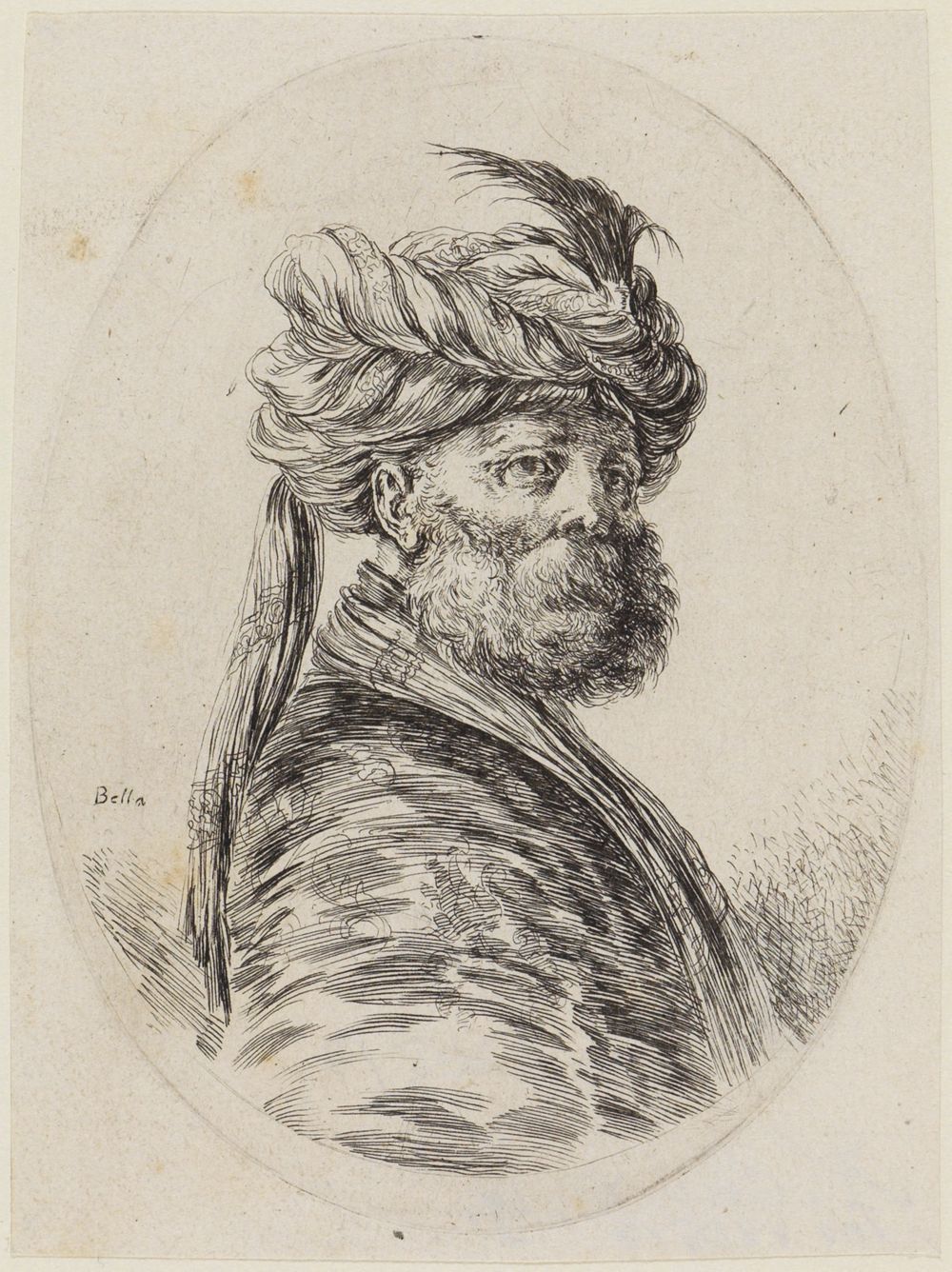Stefano della Bella - Mehrere Köpfe nach Art der Perser frisiert (Plusieurs têtes coiffées à la persiennes): Büste eines in Dreiviertelansicht nach rechts gewandten bärtigen Türken