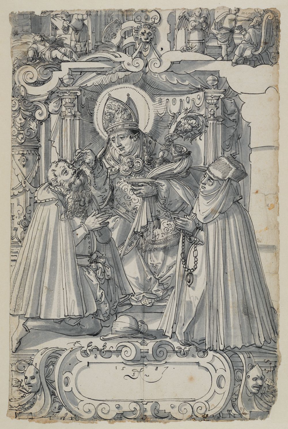 Daniel Lindtmayer (1552) - Riss mit dem Hl. Leodegar und einem anbetenden Stifterpaar, im Oberbild Szenen aus der Tobias-Geschichte