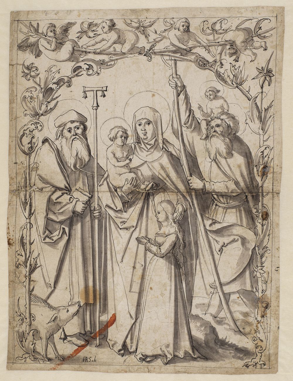 Hans Leu (1490) - Riss mit Anna selbdritt zwischen dem Hl. Antonius und dem Hl. Christophorus