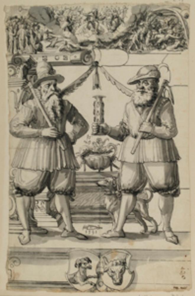 Niklaus von Riedt (zugeschrieben) - Riss mit zwei Bauern, darunter zwei nicht identifizierte Wappen, im Oberbild Jüngstes Gericht