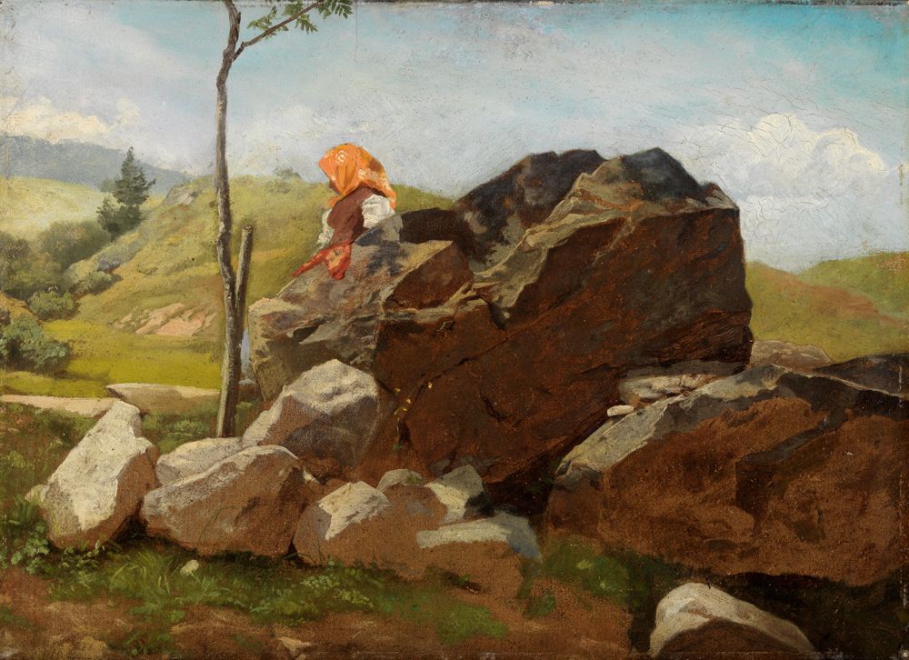 Hans Thoma - Felsblöcke mit sitzendem Bauernmädchen