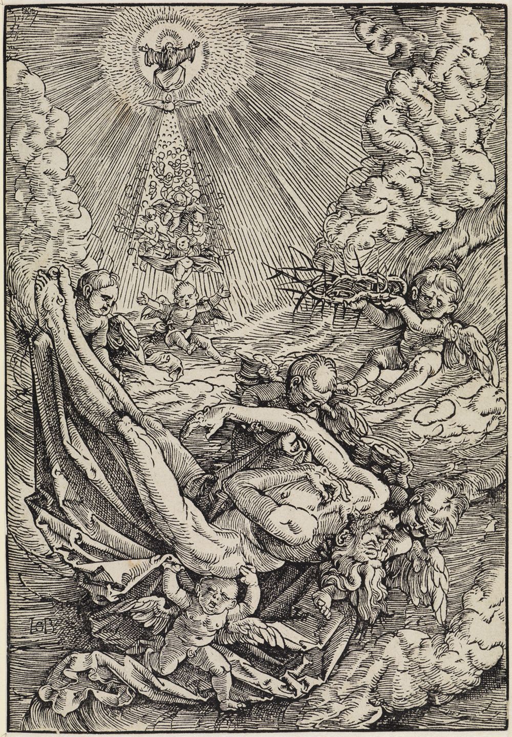 Hans Baldung zeigt Jesus, der von Engeln in den Himmel emporgehoben wird. Jesus schwebt in der Mitte des Bildes, umgeben von himmlischen Engeln, die ihn sanft tragen.