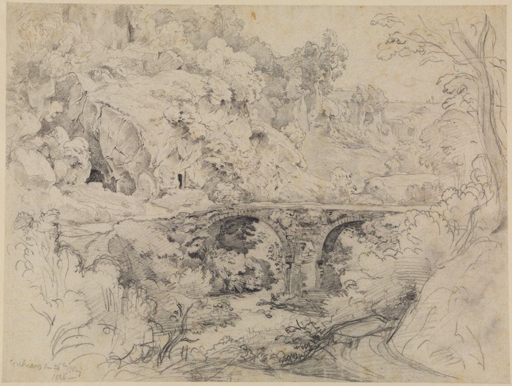 Ernst Fries - Felsige Landschaft mit doppelbogiger steinerner Brücke bei Corchiano
