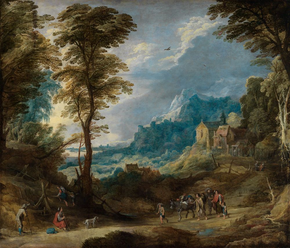 Josse de Momper (1564) - Gebirgslandschaft mit Pilgern und fahrendem Volk