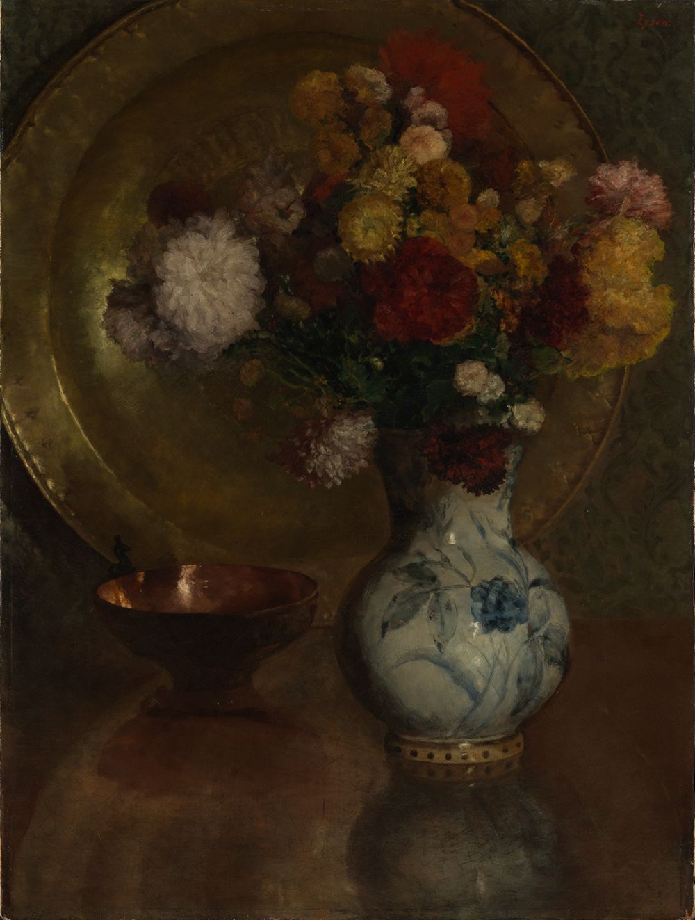 Louis Eysen - Blumenstilleben mit Messinggefäßen und Delfter Kanne