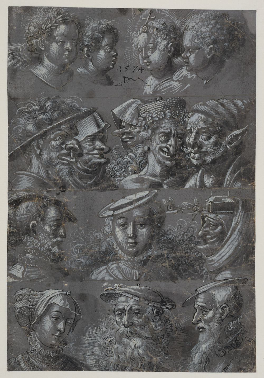 Daniel Lindtmayer (1552) - Studienblatt mit 15 Köpfen, in vier Reihen untereinander